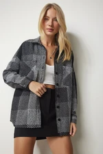 Happiness İstanbul Women's Gray Black Patterned Oversize Cachet Lumberjack Shirt