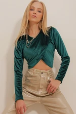 Trend Alaçatı Stili Women's Green Crew Neck Wrapped Velvet Crop Top Shirt