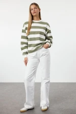 Trendyol Khaki Thick Polar Fleece Striped Regular/Normal Pattern Crew Neck Knitted Sweatshirt