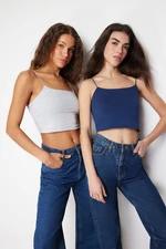 Trendyol Navy Blue-Light Gray Melange 2-Pack Cotton Spaghetti Strap Crop Flexible Knitted Undershirt