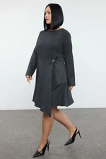 Trendyol Curve Anthracite Tweed Buckle Accessory Long Sleeve Woven Plus Size Dress