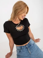 Black short T-shirt with appliqué and cutout