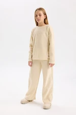 DEFACTO Girls Pajama Set Fleece Crew Neck Long Sleeve Basic Plain Top Long Bottom