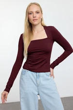 Trendyol Dark Burgundy Cotton Elastic Square Neck Fitted/Fits Body Flexible Blouse