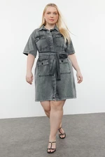 Trendyol Curve Dark Blue Belt Detailed Mini Denim Shirt Dress