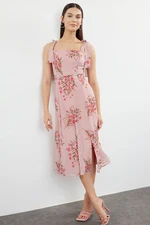 Trendyol Pink Floral A-Line Slit Back Gipe Detailed Chiffon Lined Midi Woven Dress