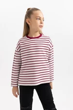 DEFACTO Girl's Loose Fit Striped Crew Neck Sweatshirt