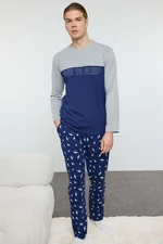 Trendyol Men's Navy Blue Regular Fit Color Paneled Knitted Pajama Set