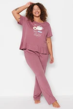 Trendyol Curve Burgundy Printed Short Sleeve Knitted Pajamas Set