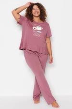 Trendyol Curve Claret Red Printed Short Sleeves Knitted Pajamas Set