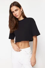 Trendyol Black 100% Cotton Cut Detail Relaxed Cut Crop Knitted T-Shirt