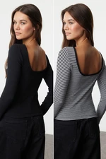 Trendyol Black Plain and Striped Fitted, Low-cut Back, Ribbed, Stretchy Knitted Blouse