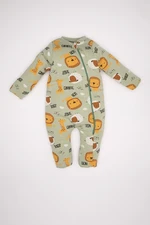 DEFACTO Baby Boy Newborn Green Zippered Animal Patterned Long Sleeve Cotton Jumpsuit