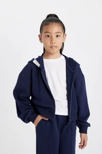 DEFACTO Girls Printed Navy Blue Hooded Zippered School Cardigan