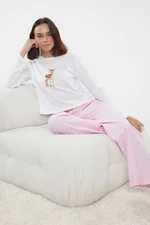 Trendyol White 100% Cotton Deer Printed Ribbon/Bow Detailed Knitted Pajama Set