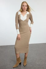 Trendyol Beige Midi Knit Color Block Dress