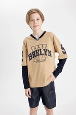 DEFACTO Boy Oversize Wide Pattern V Neck Text Printed Long Sleeve T-Shirt