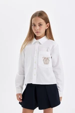 DEFACTO Girls Oversize Wide Pattern Poplin White Long Sleeve School Shirt