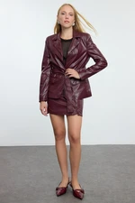 Trendyol Claret Red Faux Leather Belted Blazer Jacket