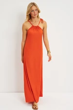 Cool & Sexy Women's Orange Halter Neck Wrap Midi Dress