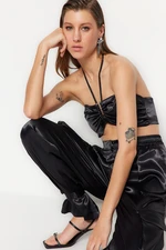 Trendyol Black Crop podšívka Tkaný saténový bustier s doplnkami