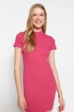 Trendyol Fuchsia Short Sleeve Crew Neck Mini Ribbed Stretchy Knitted Pencil Dress