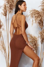 Trendyol Brown Fitted Maxi Knitwear Backless Beach Dress