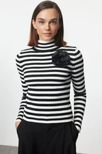 Trendyol Ecru Rose Detailed Ribbed Stand Collar Striped Knitwear Sweater