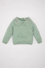 DEFACTO Baby Girl Green Floral Large Collar Knitwear Sweater