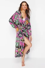 Trendyol Abstract Patterned Belted Maxi Woven 100% Cotton Kimono&Kaftan