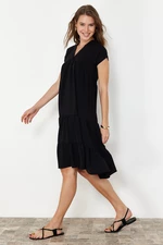 Trendyol Black Wide Cut V-Neck Skirt Asymmetric Flounce Aerobin Woven Dress