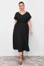 Trendyol Curve Black V Neck Woven Dress with Gathered Waist