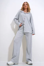 Trend Alaçatı Stili Women's Gray Oversize Shirt and High Waist Interlock Set