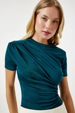 Happiness İstanbul Women's Emerald Green Gathered Detailed Viscose Blouse