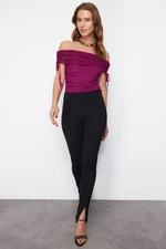 Trendyol Plum Knitted Carmen Neck Tulle Bodysuit