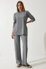 Happiness İstanbul Women's Gray Ribbed Knitted Blouse Pants Suit