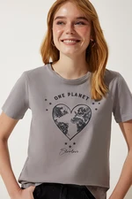 Happiness İstanbul Women's Gray Printed Knitted T-Shirt