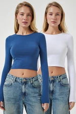 Happiness İstanbul Women's White Indigo Blue Crew Neck Basic 2-Pack Crop Knitted Blouse