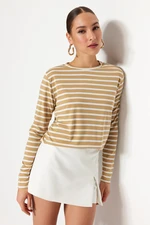 Trendyol Beige-Ecru Striped Regular/Normal Pattern Basic Crew Neck Knitted T-Shirt