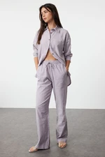 Trendyol Lilac Linen Blend High Waist Striped Wide Leg Trousers