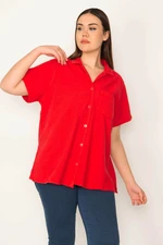 Şans Women's Plus Size Red Tops Collar Short Sleeve Shirt with Buttons