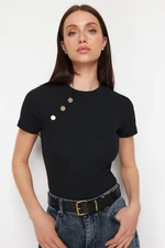 Trendyol Black Button Detailed Ribbed Fitted/Fitted Stretch Knitted Blouse