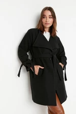 Trendyol černý pásek široký střih oversized šněrování detailní razítko kabát