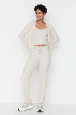 Trendyol Beige Ribbed Blouse Cardigan Trousers Knitwear Two Piece Set