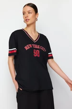 Trendyol Black 100% Cotton Knitwear Strip Detail Slogan Printed Oversize/Large Knitted T-Shirt