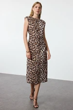 Trendyol Brown Leopard Patterned Straight Cut Padded Woven Dress