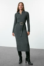 Trendyol Anthracite Plain Polo Neck Bodycone/Fitting Textured Button Detailed Knitted Dress