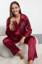 Trendyol Burgundy Stone Ribbon/Bow Accessory Detailed Satin Woven Pajama Set