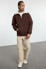 Trendyol Brown Oversize/Wide Cut Stand Collar Zippered Polar Fleece Inside/Warm Sweatshirt