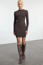 Trendyol Brown Fitted Mini Half Turtleneck Ribbed Stretchy Knitted Dress